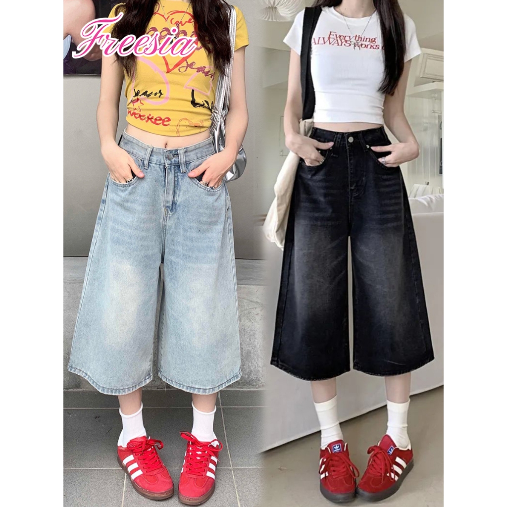 กางเกงยีนส์ กางเกงกระบอก ขาสั้น7ส่วน ขากว้าง สีสวยมาก#91142