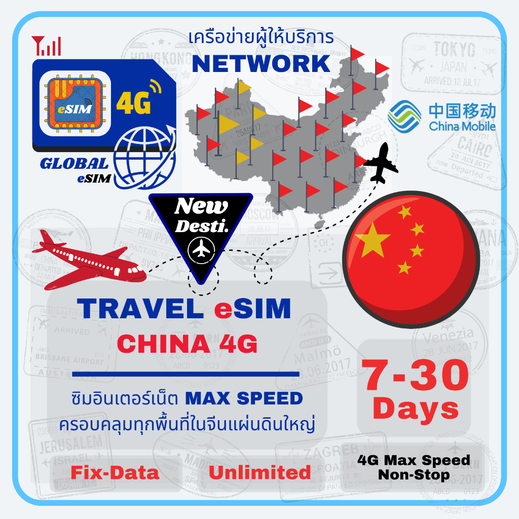 Mainland China eSIM ซิมจีนแผ่นดินใหญ่ China Mobile 5-30 Days 4G Max speed data usage Fix Data & Unlimited