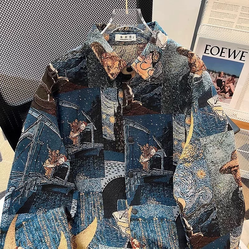 เสื้อเชิ้ตแขนยาว สไตล์วินเทจย้อนยุค ลายเสื้อภาพวาดสีน้ำมันเท่ๆ ใส่คลุมหล่อๆ กำลังอินเทรนด์