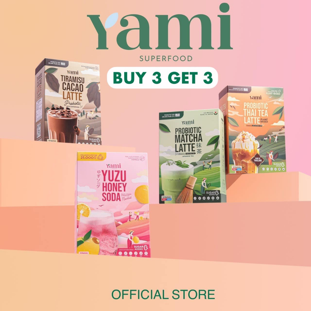 แพค 3 แถม 3 : เครื่องดื่มโพรไบโอติก รสมัทฉะ รสโกโก้ทีรามิสุ รสชาไทย และ ผงฟู่คอลลาเจน 25,000มก รสยูสุ ฮันนี่ โซดา