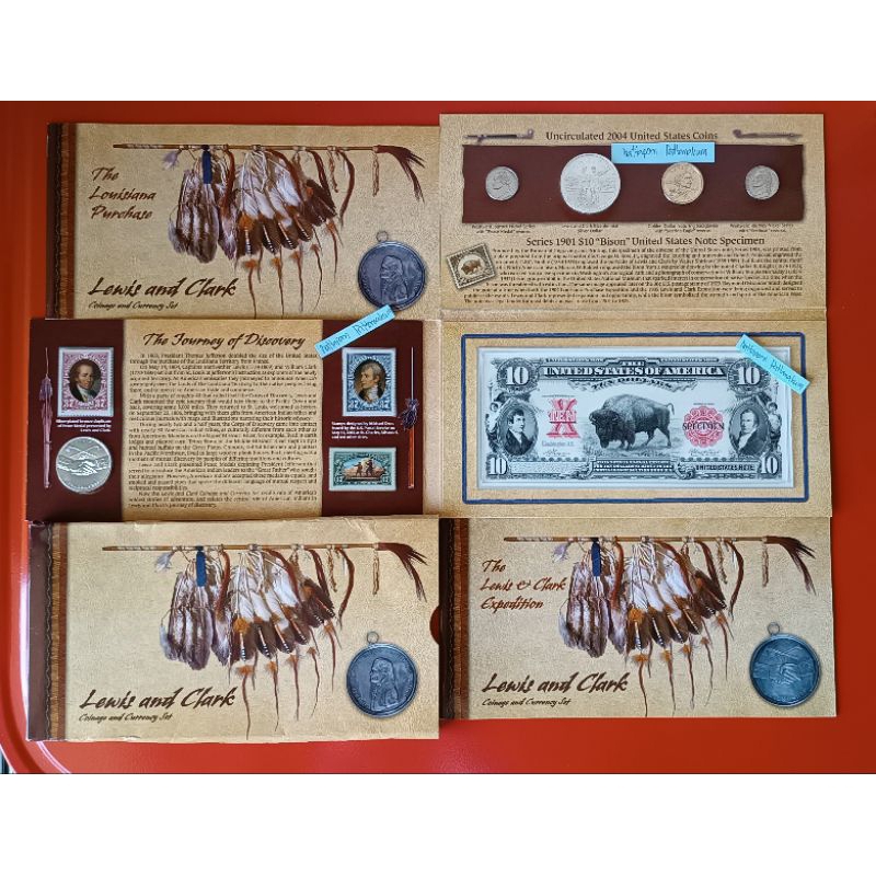 Lewis & Clark Silver Dollar Coin 2004P With Stamp & Currency Set 10 Dollars Specimen Bison Note 1901