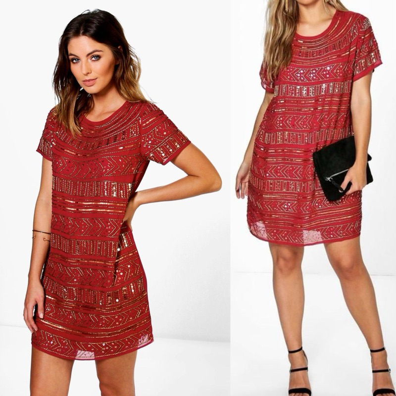 boohoo Wine Mona Sequin Embellished Dress UK8