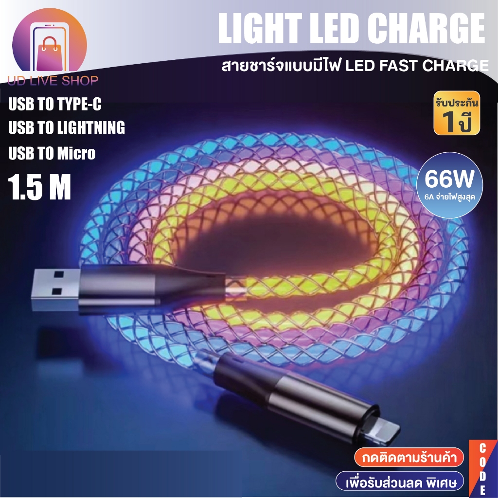 สายชาร์จไฟเปลี่ยนสีได้ RGB 66W Super Fast Charging Cable Colorful Glow Data Line For Type-C / PD / Micro USB