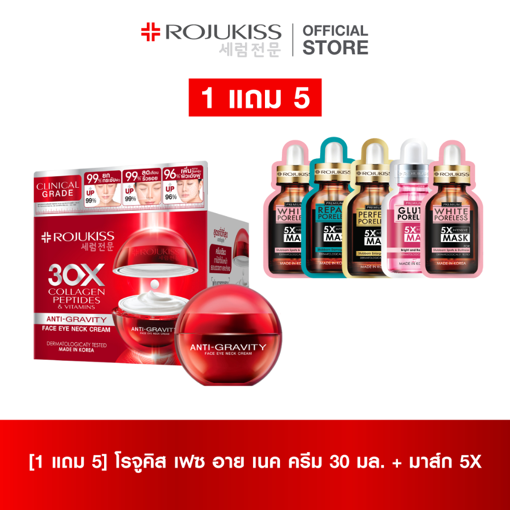 [เซต] โรจูคิส เฟซ อาย เนค ครีม 30มล.+มาส์ก 5X คละสูตร (5แผ่น )