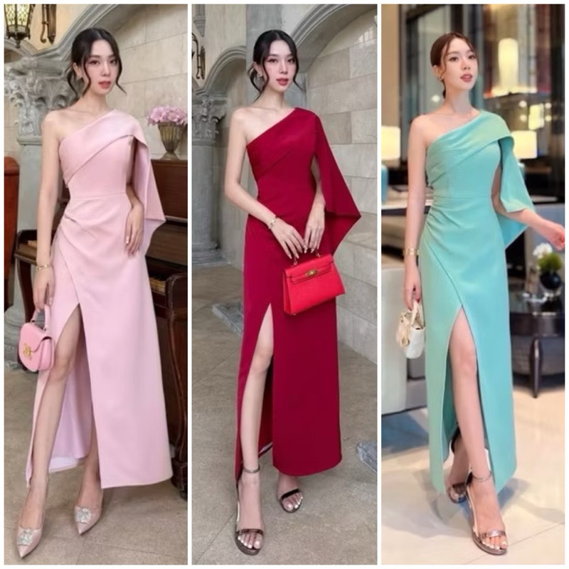 เดรสไหล่เฉียงงานจับจีบแต่งสไบ แพทเทิร์นสวยเข้ารูป กระโปรงทรงไขว้เปิดโชว์เรียวขา