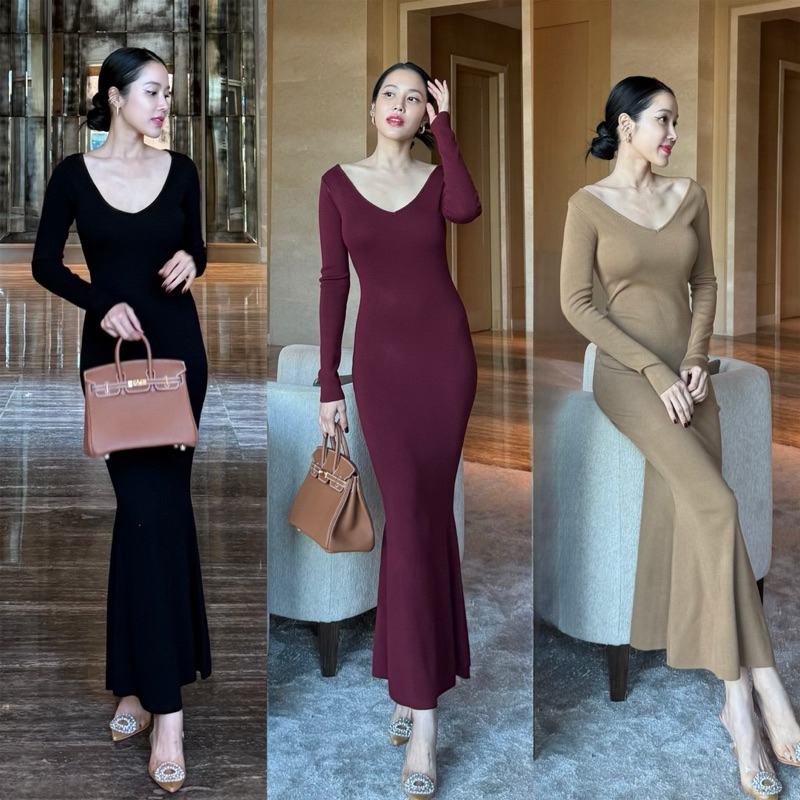 LITAS : FROZEN DRESS เดรสไหมพรมเเขนยาวหางปลา