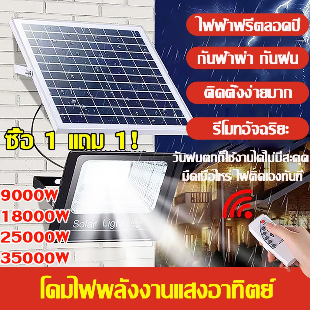 ซื้อ1แถม1 ไฟโซล่าเซลล์ 35000W ไฟสปอร์ตไลท์ กันน้ำ LED IP67 เปิดปิดอัตโนมัติ จัดส่งเร็ว เก็บเงินปลายทาง รับประกัน10 ปี