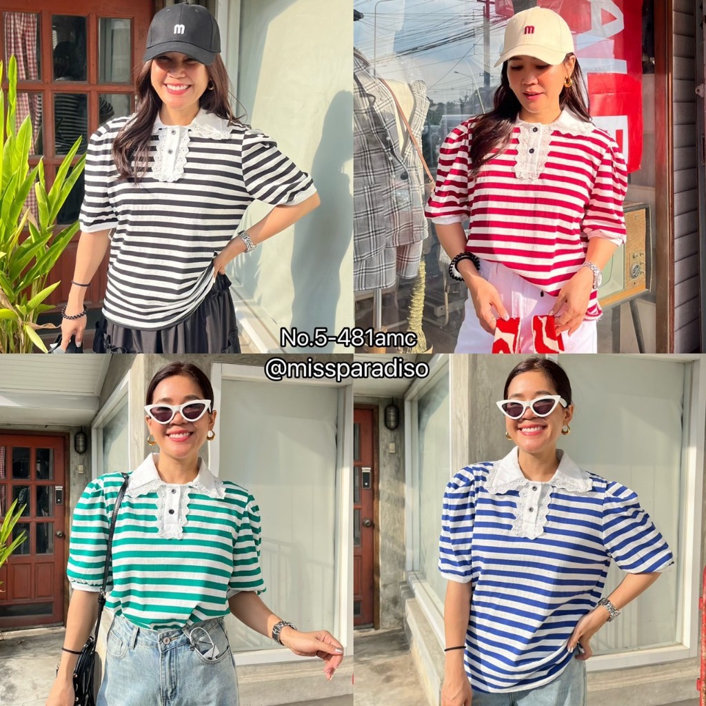*5-481AMC เสื้อยืดลายริ้วโปโลปกลูกไม้ฉลุ .:｡รุ่นนี้เชียร์เลยแม่ น่ารักเว่อร์ แมทช์กับอะไรก็ปัง
