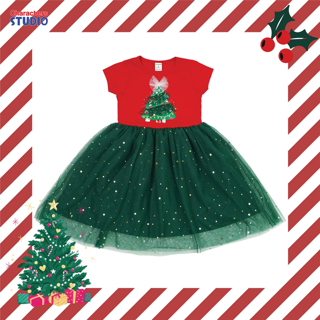 CS CANVAS  ชุดเดรสคริสต์มาสเด็กผู้หญิงกระโปรงตกแต่งด้วยผ้าตาข่าย ผ้าcotton แท้100% ลายลิขสิทธิ์แท้ Characters Studio