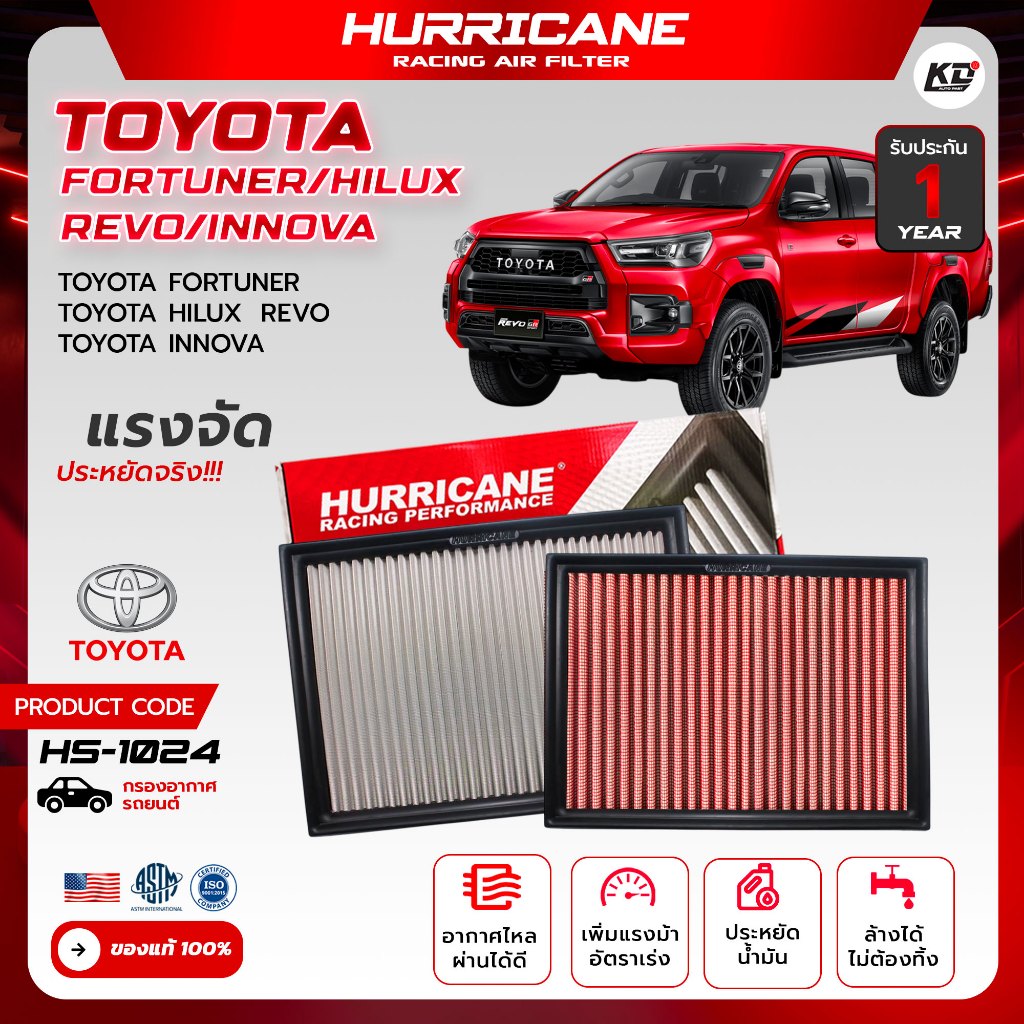 🏁🚩กรองเฮอร์ริเคน แท้💯 HURRICANE เพิ่มอัตราเร่ง🔥 กรองอากาศรถยนต์ โตโยต้าToyota ( Fortuner , Hilux Revo , Innova ) HS-1024