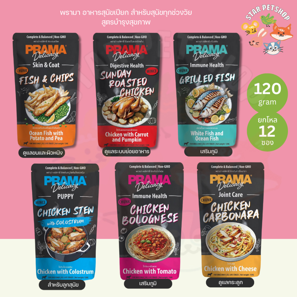 Prama อาหารเปียกสุนัข สูตร Complete & Balanced โปรตีนสูง เนื้อสัตว์เน้น ช่วยบำรุงสุขภาพ 6 สูตร 120g*12ซอง (ยกโหล)