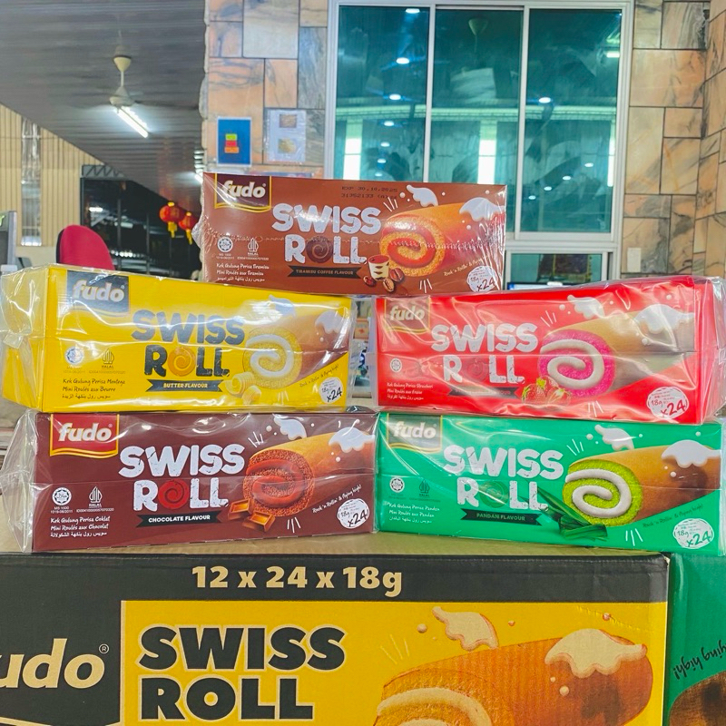 ขนมปังโรล Fudo Swiss Roll หอม ขนมปังนุ่ม อร่อย1 กล่อง24ชิ้น (นน,.18กรัม /ชิ้น)โรลผลไม้เค้กผลไม้