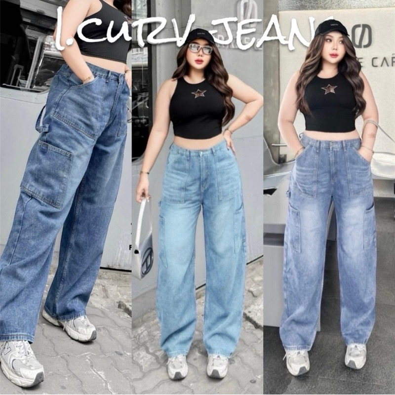 I.CURV JEANS กางเกงยีนส์คนอวบรุ่นคาร์โก้สายคล้อง ดีเทลเยอะ กางเกงยีนส์ขากระบอก สไตล์สตรีท y2k plussize แฟชั่นไซส์ใหญ่