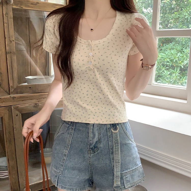 เสื้อยืด เสื้อครอป สไตล์เกาหลี คอกลม หวานน่ารัก#2265
