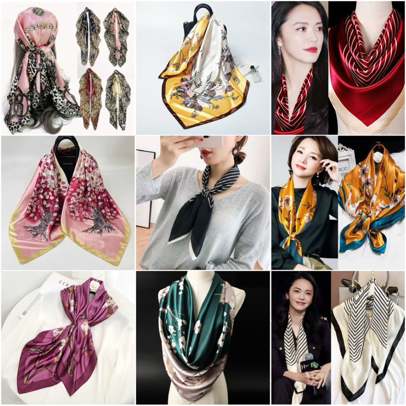 (พร้อมส่ง) ผ้าคลุมผม ผ้าพันคอ ผ้าซาติน ขนาด 90x90 cm