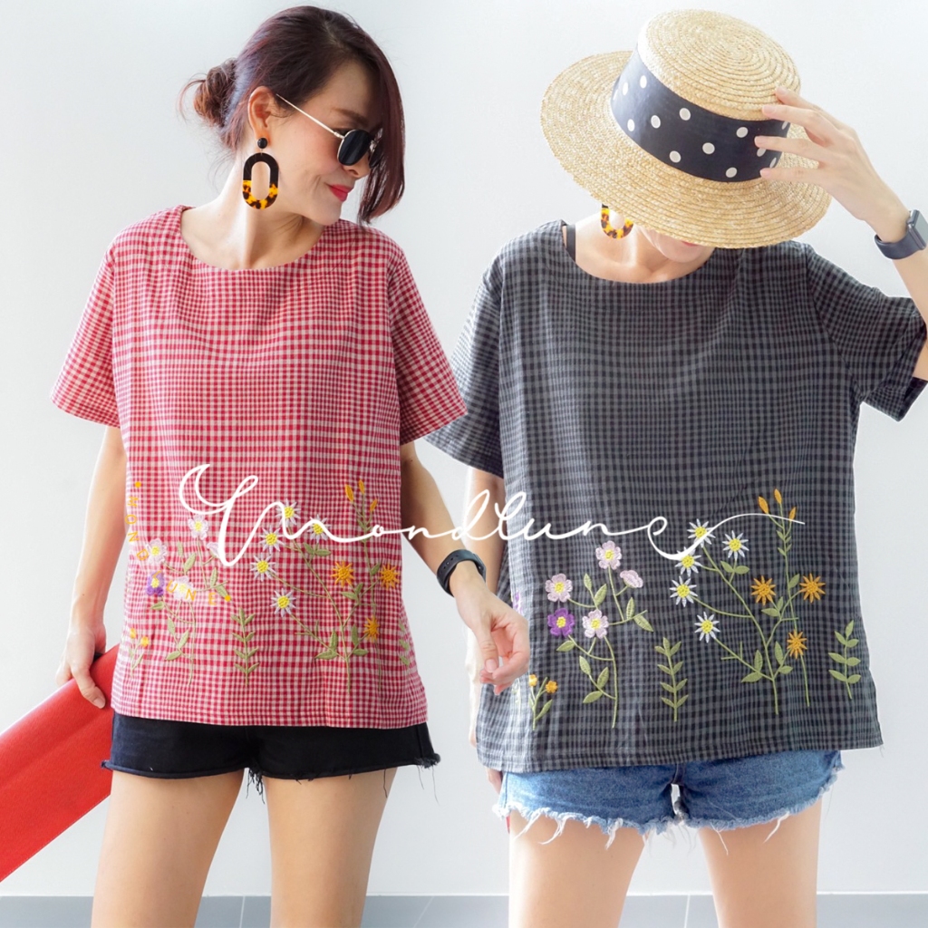 #3211 MondLune เสื้อเบลาส์คอกลม แขนสั้น ลายปักดอกไม้ ผ้าฝ้ายคอตต้อน เนื้อดี ใส่สบาย