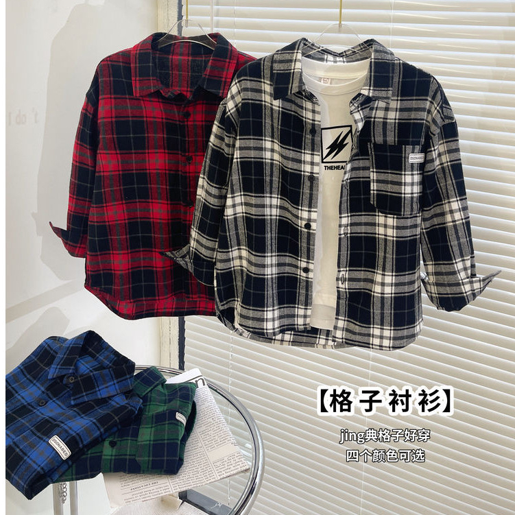 เสื้อเชิ้ตเด็กชายเสื้อเชิ้ตแบบใหม่2023เสื้อลำลองสไตล์เกาหลีลายสก๊อตสำหรับเด็กโต