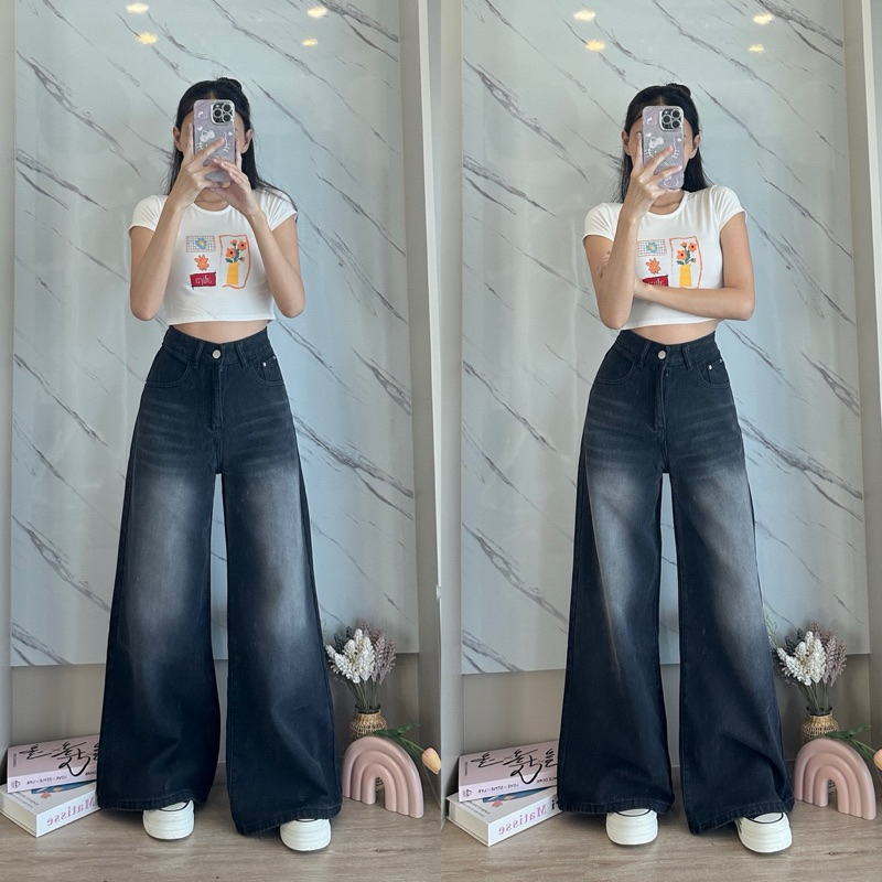 Baggy Jeans สีดำเฟด B537 ทรงขาบานเอวสูง กางเกงยีนส์ผ้าไม่ยืด ใส่เอวต่ำ-เอวสูงได้
