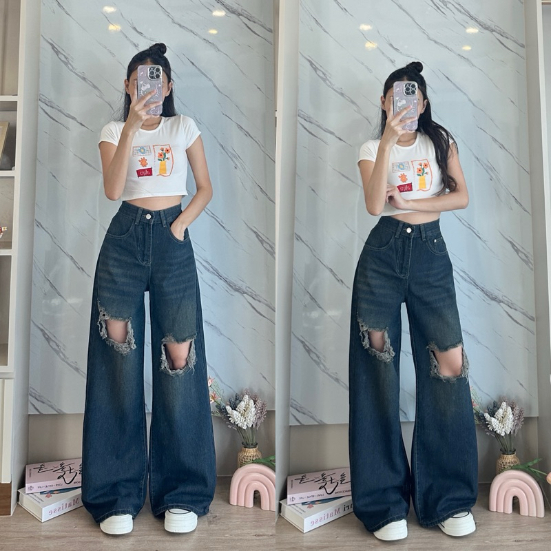 Baggy Jeans "ยีนส์ป้าย Chana " B556 แต่งขาด ใส่สไตล์เอวต่ำ-เอวสูงได้ กางเกงยีนส์ทรงขาบานผ้าไม่ยืด