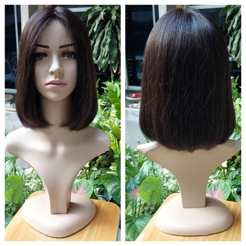 สีน้ำตาลดำ #วิกผมแท้ทอมือด้านบน silk ยาว 10- 11นิ้วบ็อบสั้นปัดแสกเหมือรจริง