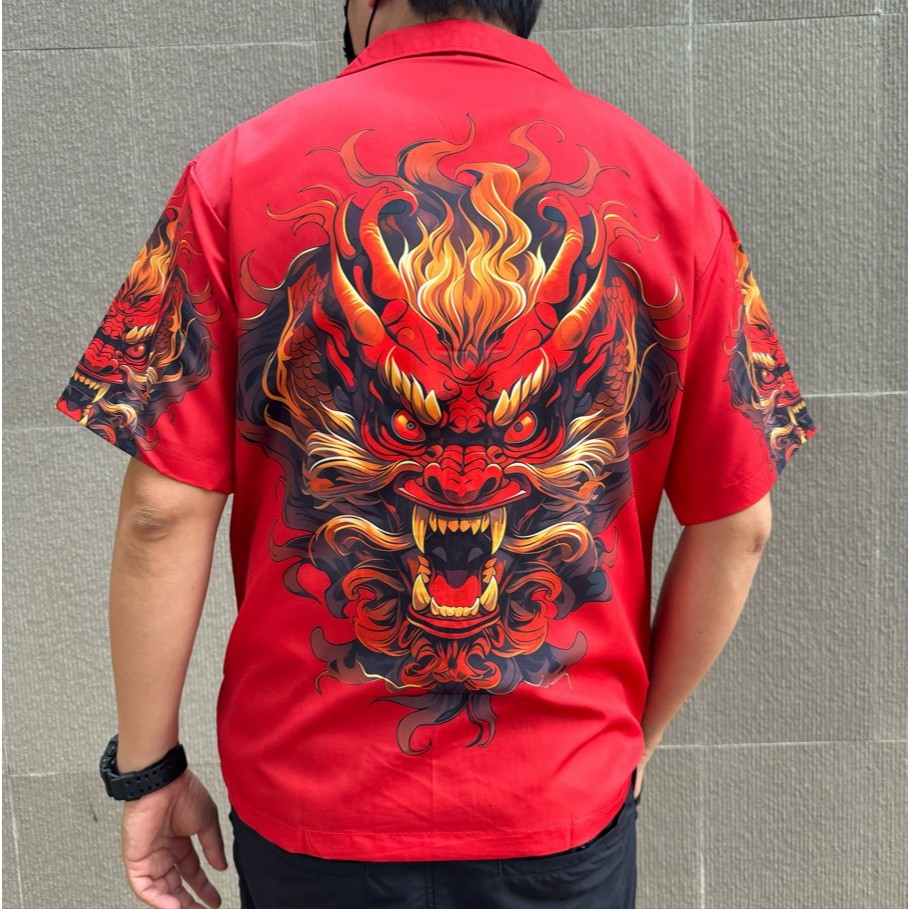 เสื้อฮาวาย ลายมังกร ผ้าไหมอิตาลี ลายสด คมชัด เนื้อนุ่ม ใส่สบาย