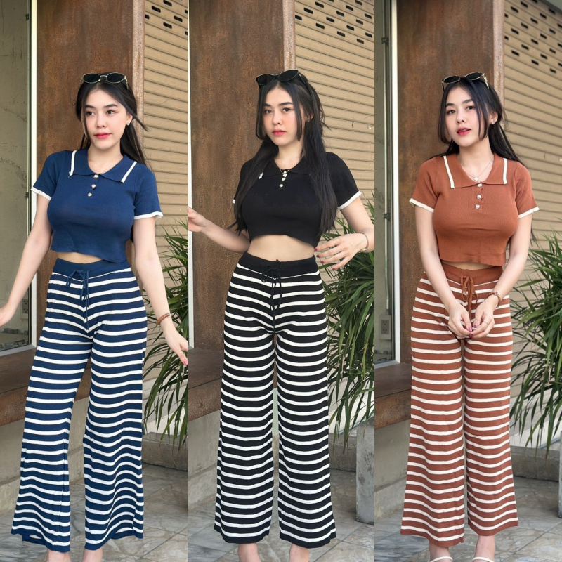 ชุดเซ็ต2ชิ้น ผ้าไหมพรม งานเสื้อครอปคอกลมแขนสั้น + กางเกงขายาวเอวยางยืด 🫧 ทรงสวยใส่ง่าย รุ่น ตั้งครรภ์