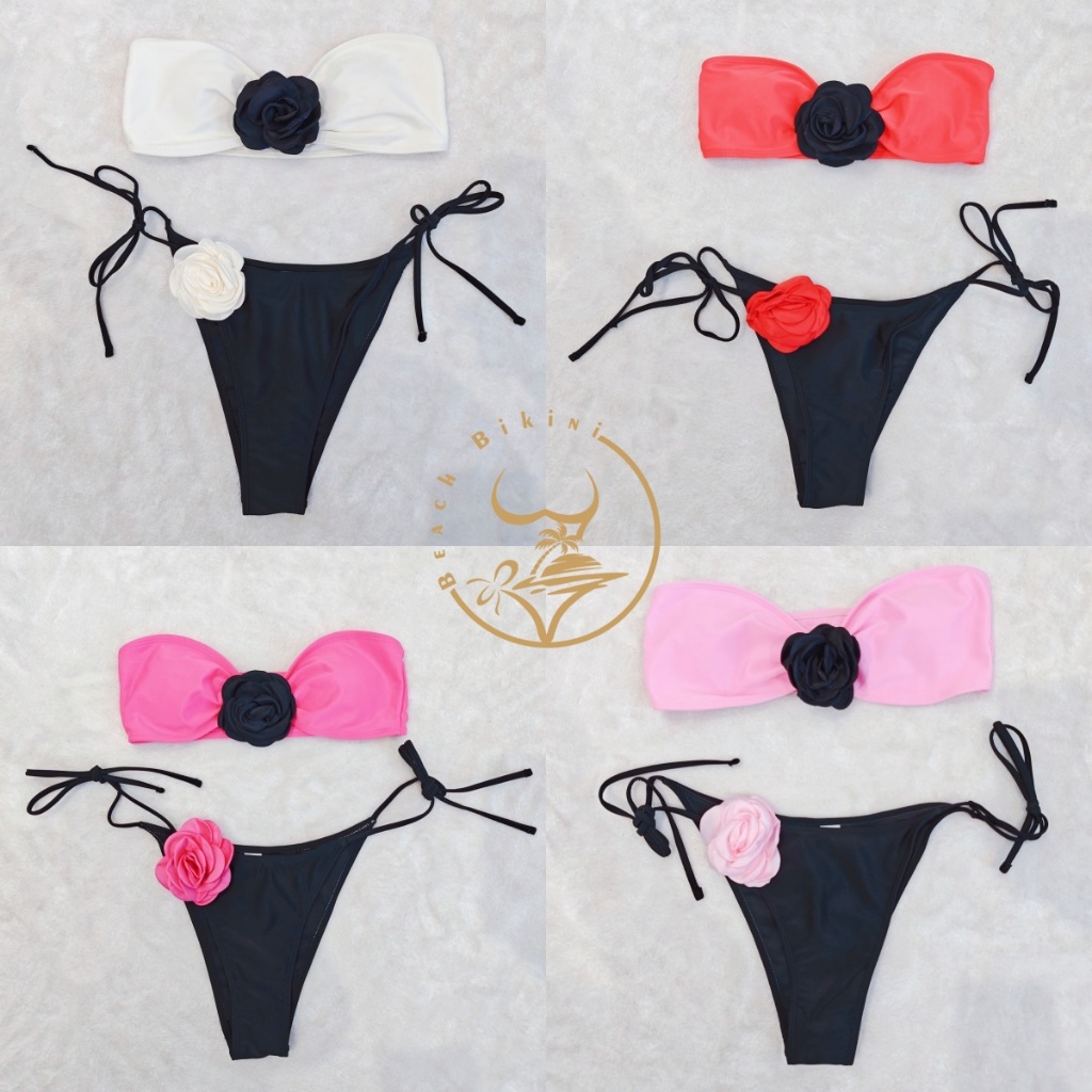 ส่งไวจากไทย Sexy Rose Bikini บิกินี่แฟชั่น บิกินี่ 2 ชิ้น ชุดว่ายน้ำชายหาด ลายดอกกุหลาบเกาะอกผูกข้าง Holiday swimsuit