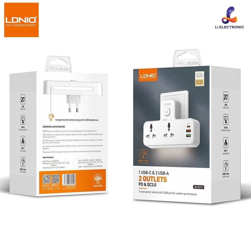 ของแท้100% LDNIO SC2311 ปลั๊กไฟ รุ่นพร้อมโคมไฟ 5 IN1 รองรับชาร์จเร็วไอโฟน PD20W หัวเว่ย QC3.0