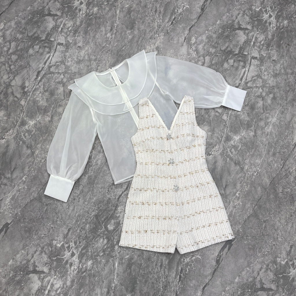 C189 BELLITA BRAND เซ็ทเสื้อซีทรูจั๊มขาสั้นผ้าทวิต ใส่เที่ยวค่าเฟ่