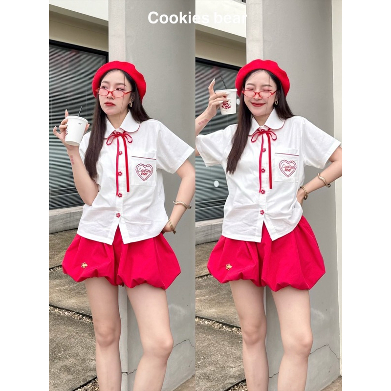 Cookies Bear - เสื้อเชิ้ตแขนสั้นตัวยาว คอปกบัว แถมแรบบิ้นโบว์