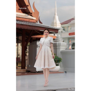 KS730 ชุดเดรสผ้าทอลายเทียนหยด แต่งกั๊ก กระโปรงบาน 8 ชิ้น อัดกาวทั้งชุด ทุกชิ้น ซิปซ่อนด้านหลัง (S-5XL)