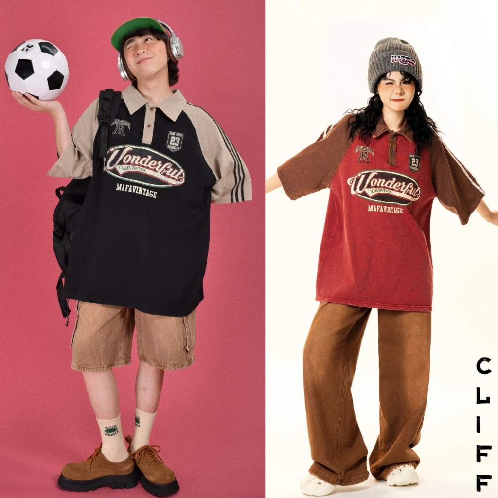 CLIFF สไตล์อเมริกัน แนววินเทจ เสื้อโปโล สีผสม แขนสั้นฤดูร้อน แบบหลวม เสื้อยืดผู้ชาย ปกพับ พิมพ์ลาย ยอดนิยม