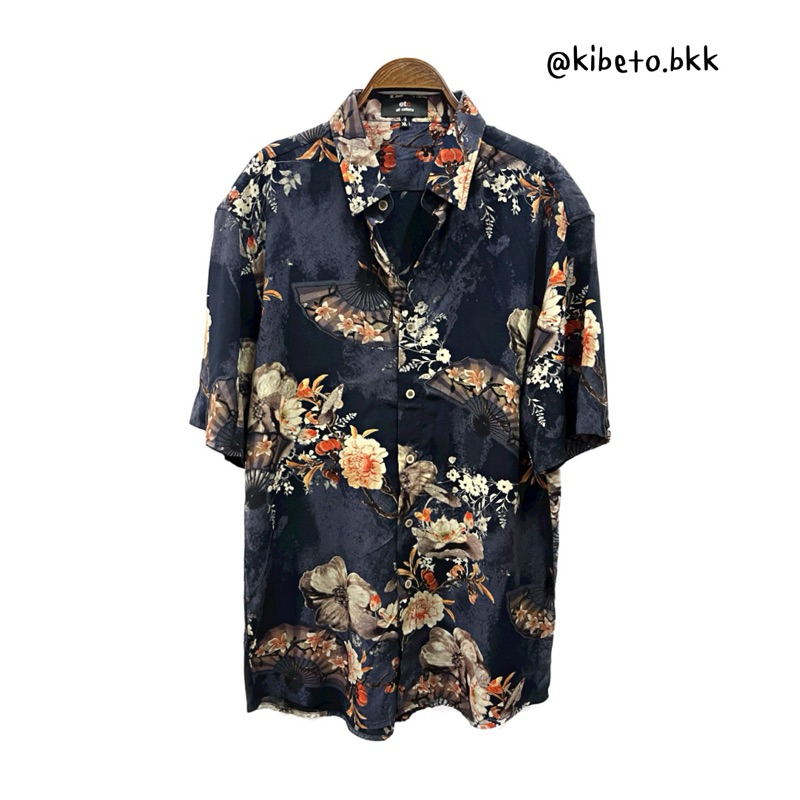Kibeto เสื้อฮาวาย ลายพัดญี่ปุ่น สีกรมม่วง ผ้าสปันเรยอน เนื้อนิ่ม ใส่สบาย M L XL 2XL 3XL