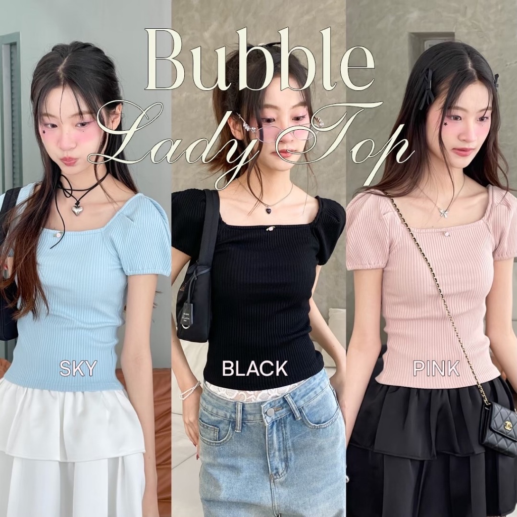 Choosedress A1953 Bubble Lady Top เสื้อเเขนตุ๊กตา ผ้าร่อง แต่งดอกไม้จิ๋ว