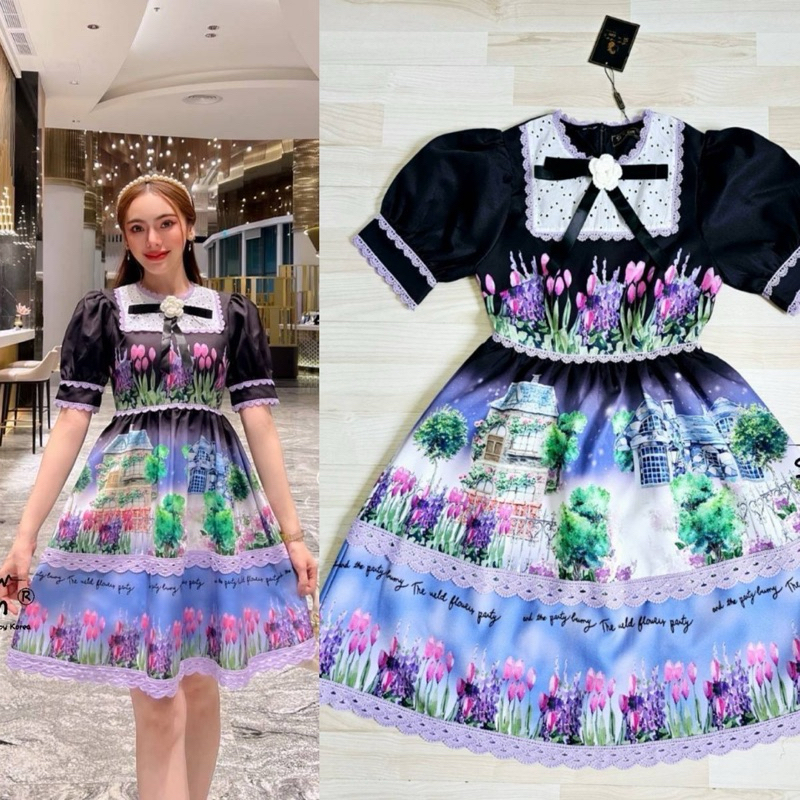 (s,m,l,xl) เดรสสั้น คอเจ้าหญิง สีม่วง + เข็มกลัดดอกคามิเลีย งานป้าย si-am