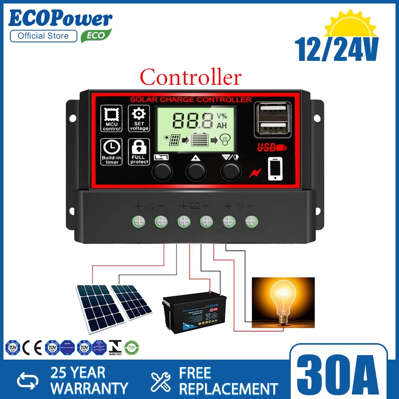 โซล่าชาร์จเจอร์ โซล่าชาร์จคอนโทรลเลอร์ ชาร์จเจอร์ 30A Solar charge controllerPWM12V/24V Solar Light