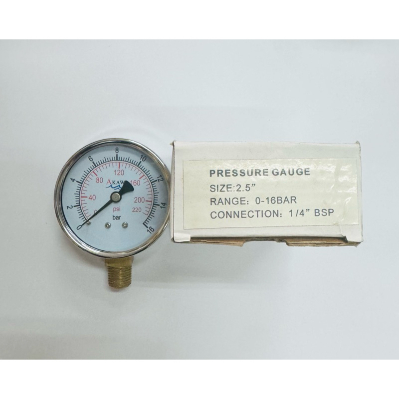 pressure guage 16 bar หน้าปัดกว้าง2.5“ เกลียว1.4“