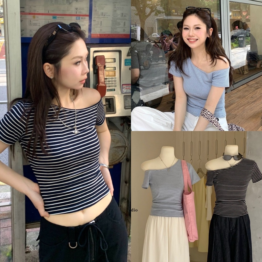 W3201 เสื้อปาดไหล่ผ้ายืด ลายขวางยอดฮิต ทรงเกาหลี ทรงน่ารัก แฟชั่นเกาหลี TAG WG.WE