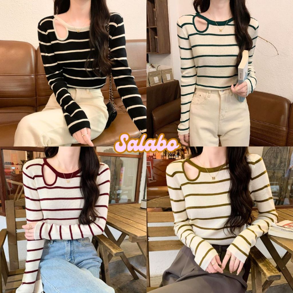 SALABO(พร้อมส่ง)เสื้อแขนยาวไหมพรม คอกลมลายทาง แต่งเซ็กซี่ ผ้ายืดได้เยอะ ใส่สบาย สไตล์เกาหลี #J9
