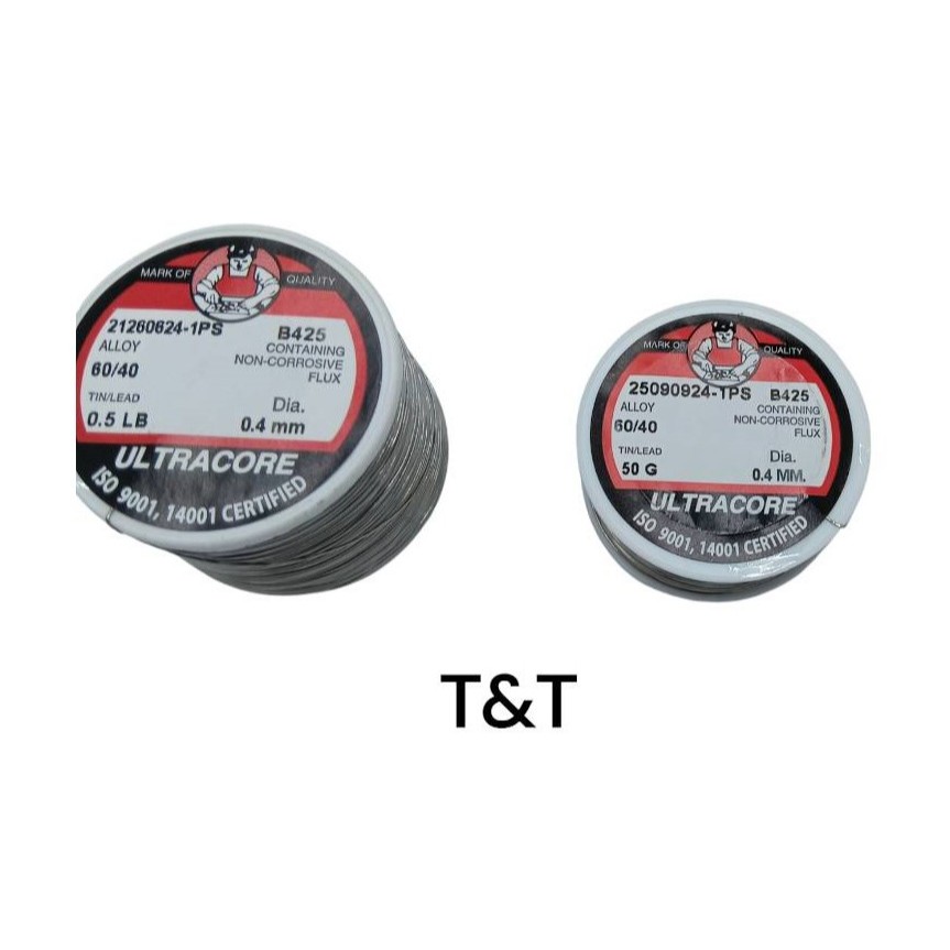ตะกั่วบัดกรี โลหะบัดกรี ULTRACORE ขนาด 0.4 มิล น้ำหนัก 50 กรัม ดีบุก 60 / ตะกั่ว 40 ISO 9001 14001