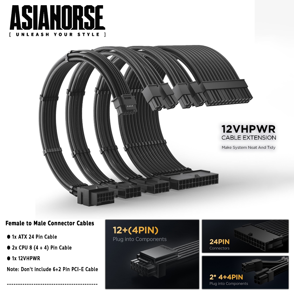 สายถักเพาเวอร์ซัพพลาย คุณภาพสูง  /  AsiaHorse 16AWG PSU Sleeved 12VHPWR(1to1) Extension Kit - Black [ Female to Male ]