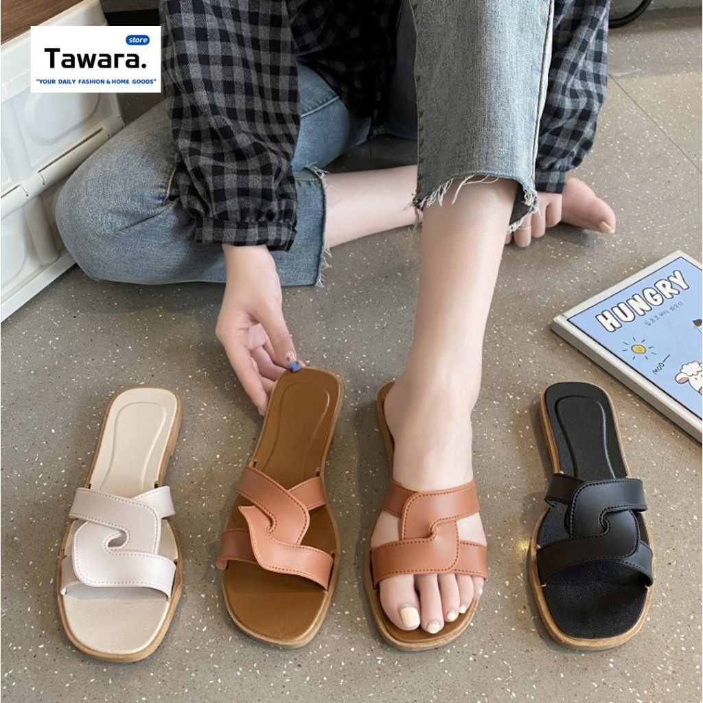 SE-103 รองเท้าแตะแฟชั่น รองเท้าแตะผู้หญิง แบบสวม เสริมส้นเล็กน้อย สีพื้น สวย สายคาดทรงไขว้ ดอกไม้ เรียบ หรู ใส่เที่ยวได้