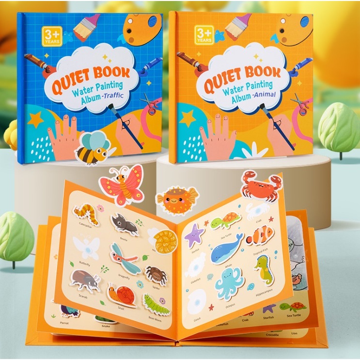 2 in 1 Quiet Book & Magic Water Painting Album ปากกาน้ำ Flip Flop ดึง แปะ - Sensory Training