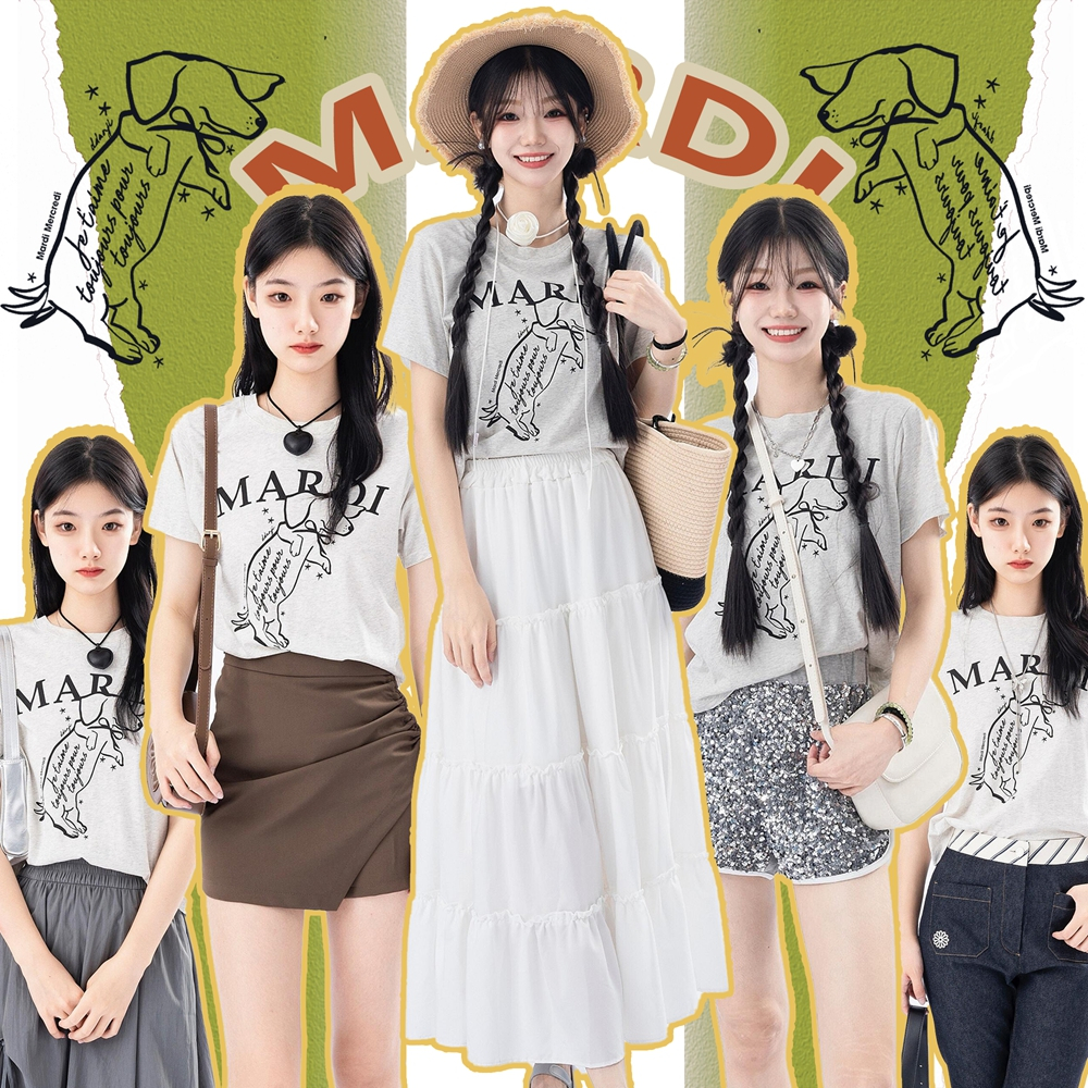 แท้ / พร้อมส่ง MARDI Mercredi Slim เสื้อยืด Swing The Tail Ddanji Cotton Round Neck Oatmeal Black สไตล์เกาหลี T-Shirt