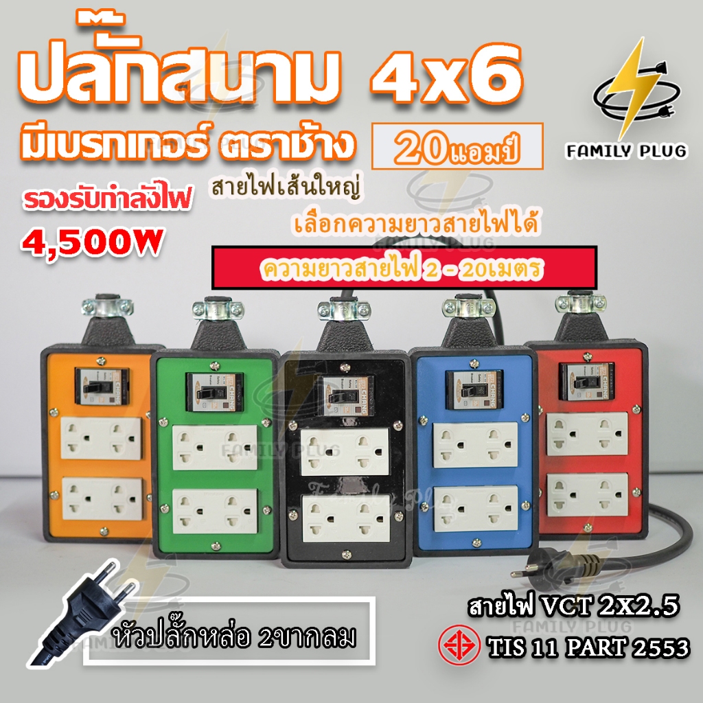 VCT2x2.5(สายไฟทองแดงแท้)  ยาว 2-10เมตร  4x6บล็อกยาง เบรกเกอร์เซฟตี้ตราช้าง 20A รองรับไฟสูงสุด 4500W