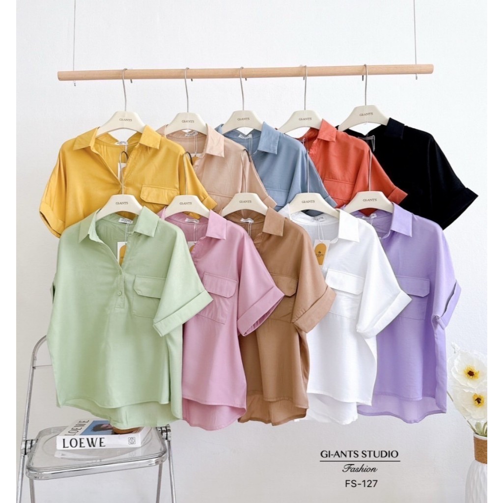 ป้าย GI-ANTS เสื้อเชิ้ตผ้าซิลค์คอตตอน หน้าสั้นหลังยาว อก 42 นิ้ว