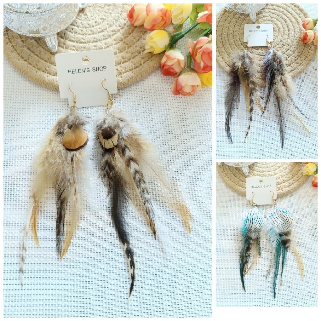 ตุ้มหู ตุ้มหูขนนก ต่างหู แต่งขนไก่และขนลาย พร้อมส่งจากไทย ร้านคนไทย