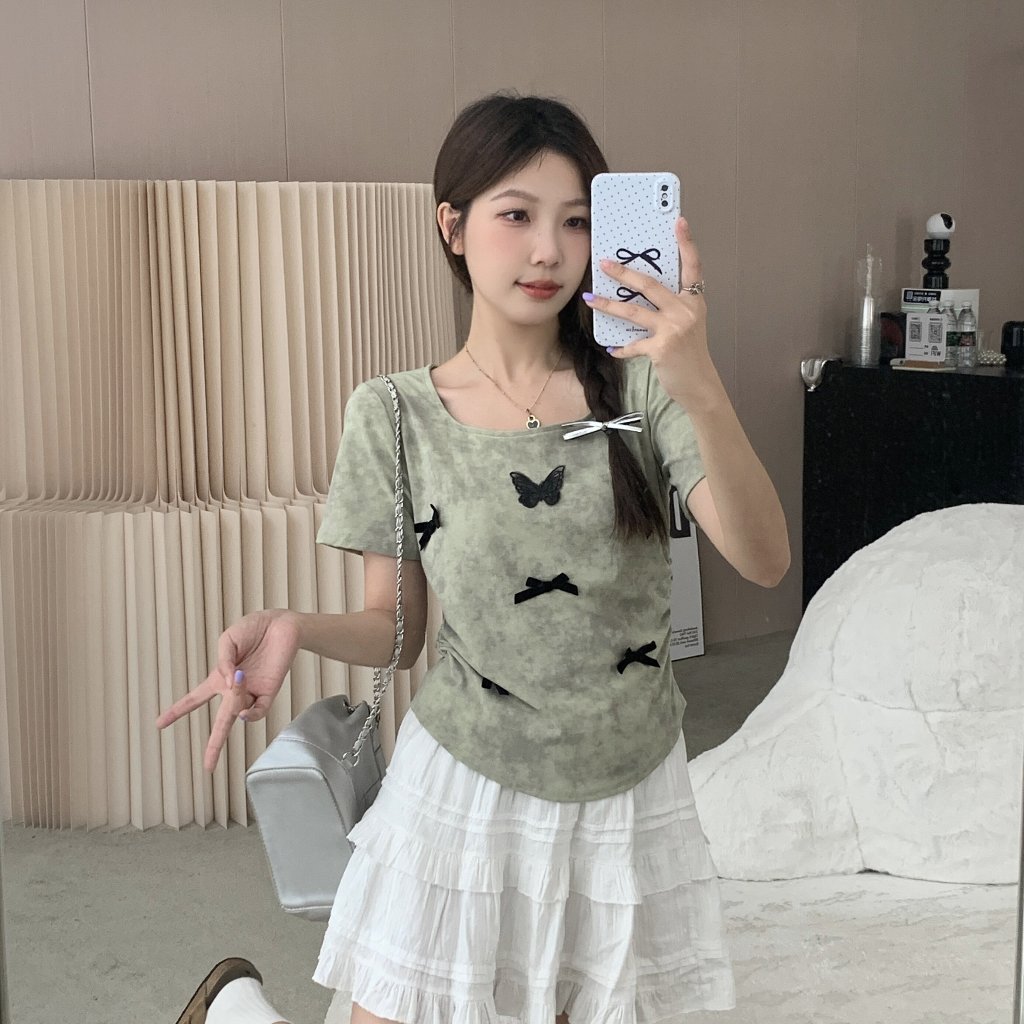 เสื้อยืดแขนสั้นผู้หญิงไซส์ใหญ่ฤดูร้อนเสื้อรัดรูปเอวเล็กเสื้อยืดมัดย้อมโบว์อ้วนเล็กน้อย