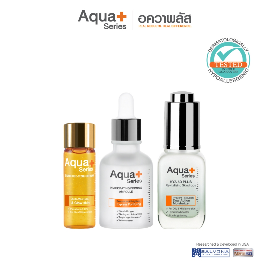 (ส่งฟรี) Aqua+ Series Invigorating Firming Ampoule & Enriched-C 24K Serum (สูตรใหม่) & HYA 8D Serum