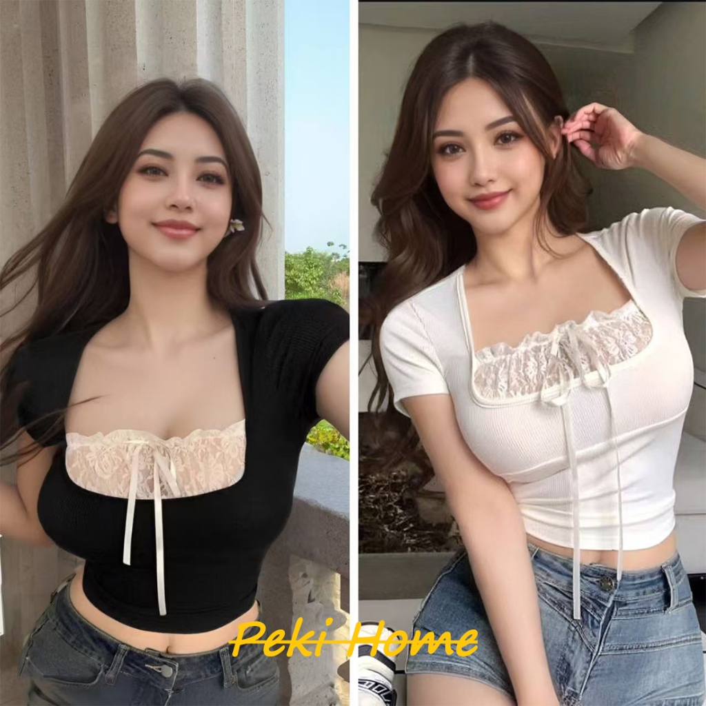 เสื้อครอปผู้หญิง ทรงสวย คอเหลี่ยม สไตล์เก๋ ผ้าผสม ตัดต่อเหมือนใส่สองชิ้น